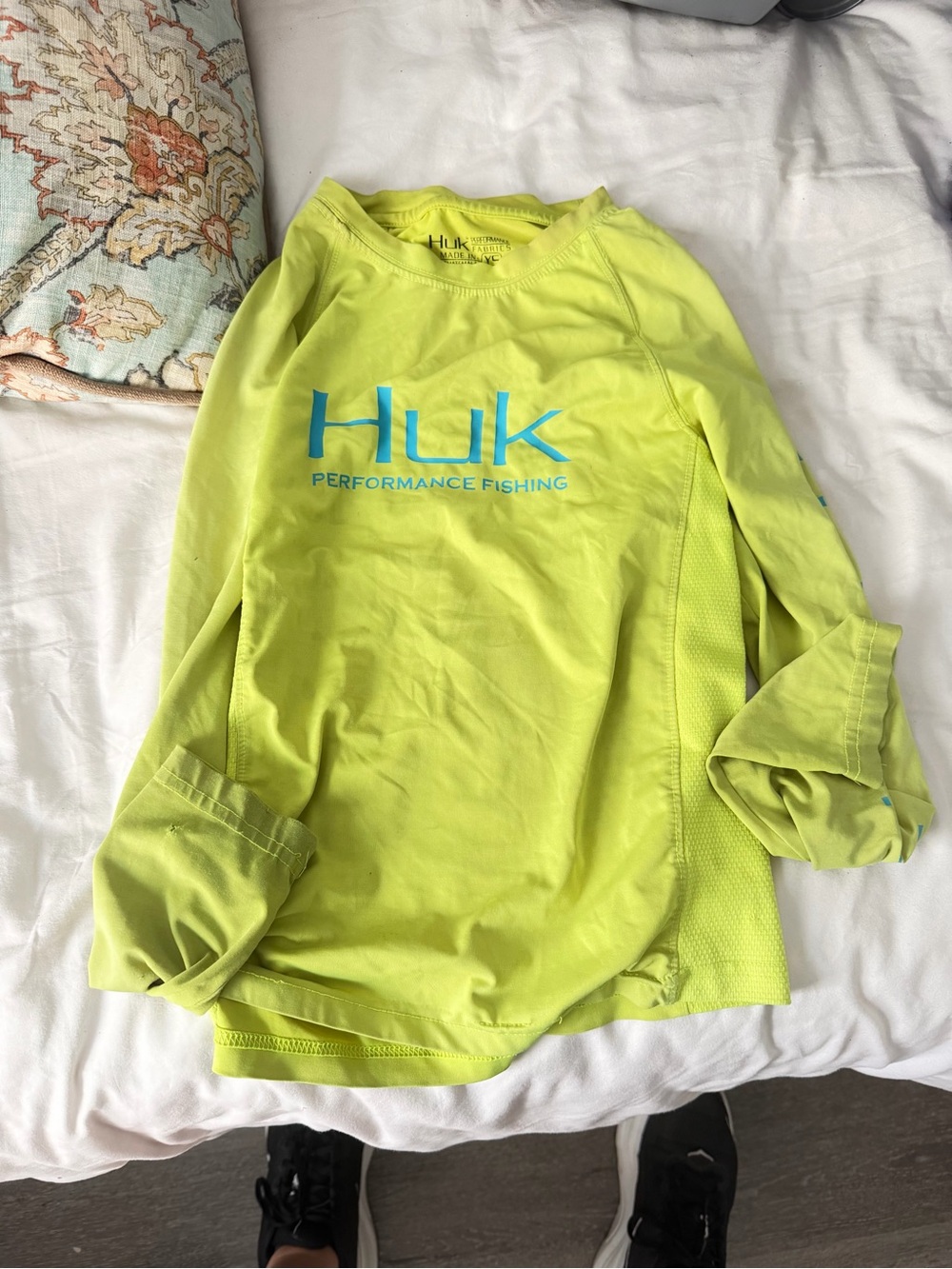 Huk Neon Yellow Kids Long-Sleeve Rashguard with Blue Logo